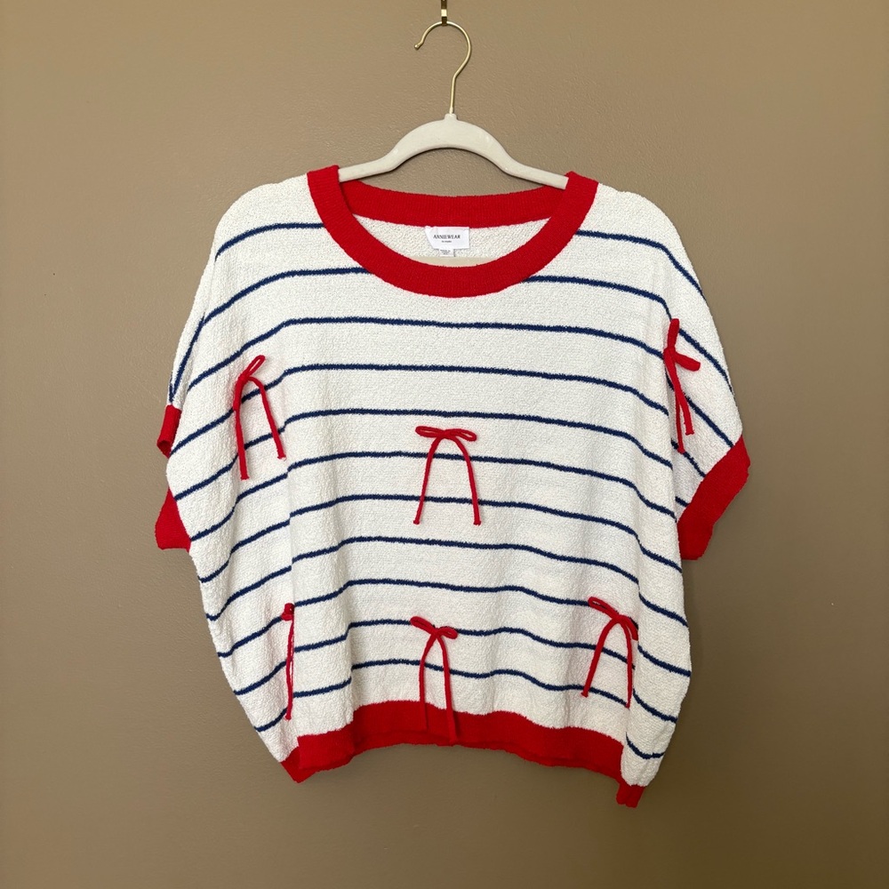 NWT Anniewear Bow Short Sleeve Sweater Red White Blue - Picture 2 of 6